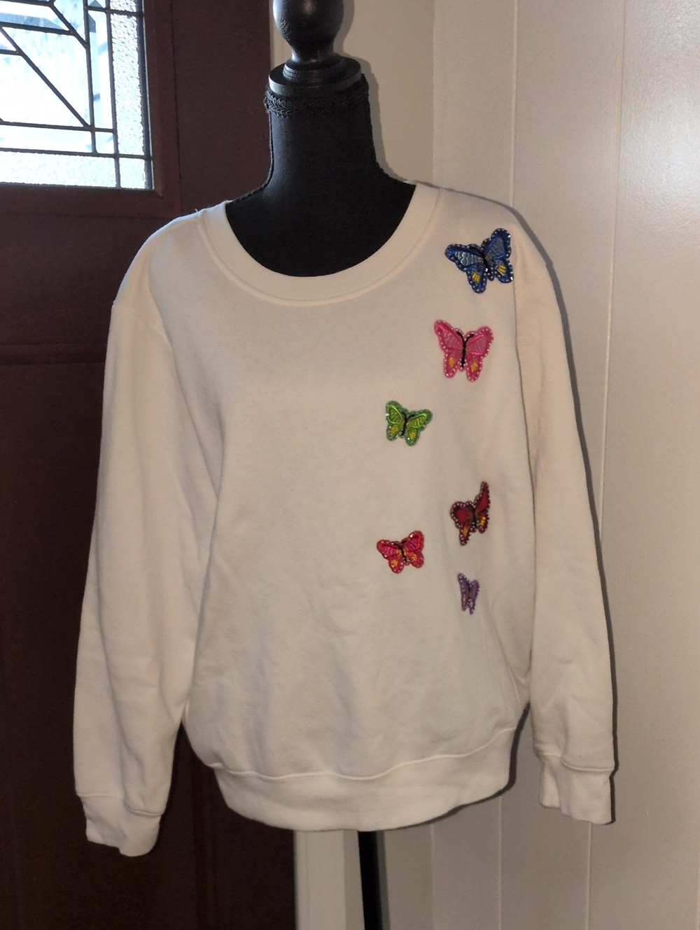 "The Sweatshirt Project" White Crewneck with Colorful Butterfly Appliqués Size L